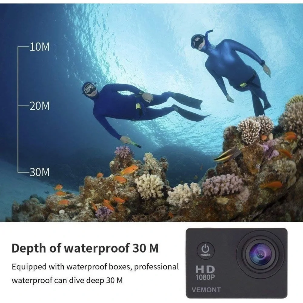 NWT!VEMONT Action Camera, 1080P 12MP Sports Camera Full HD 2.0Inch Action Cam30m